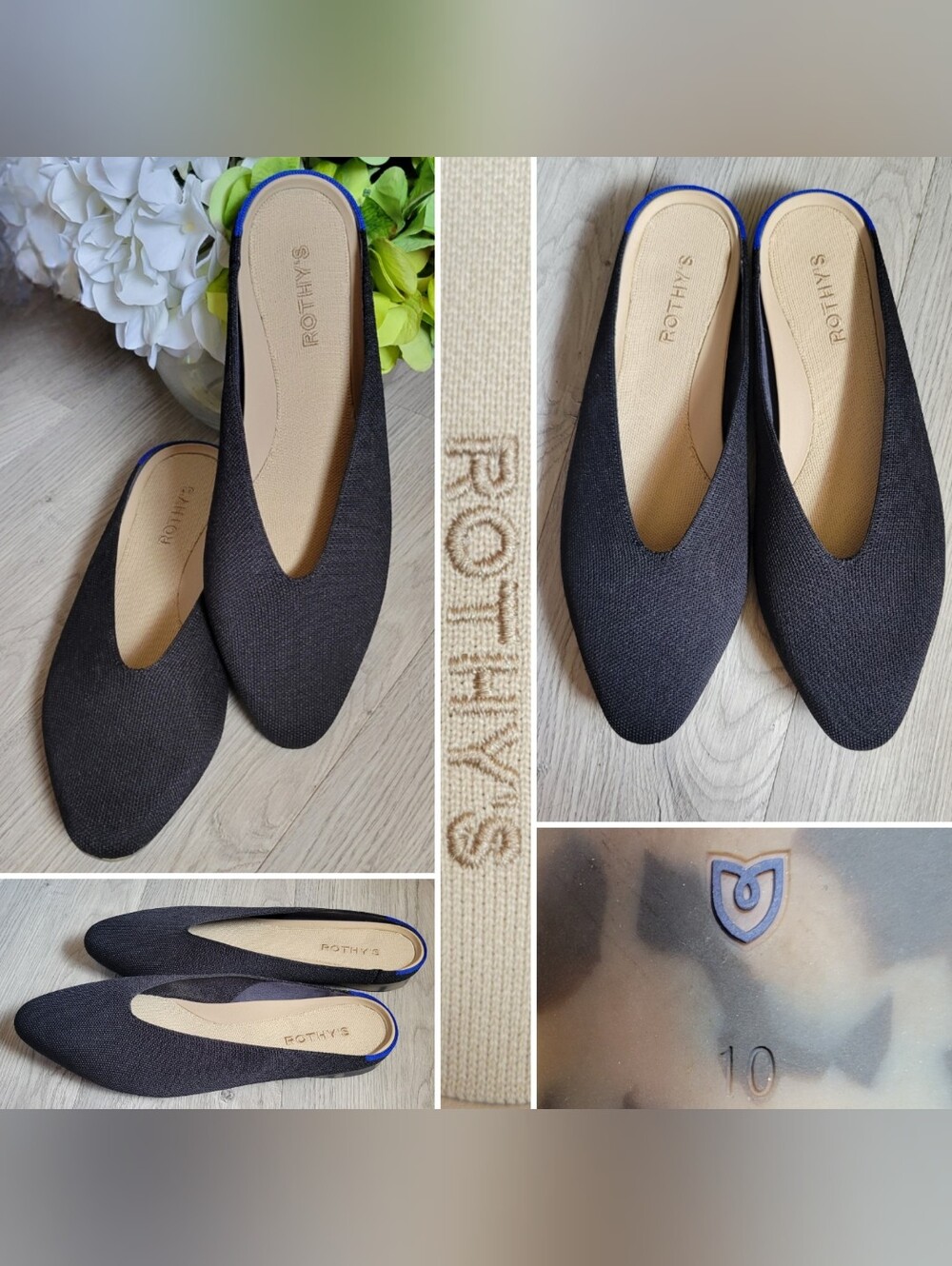 Rothy's Almond Demi Mules Black With Tortoise Brown Soles, Women's US 10, EU 40